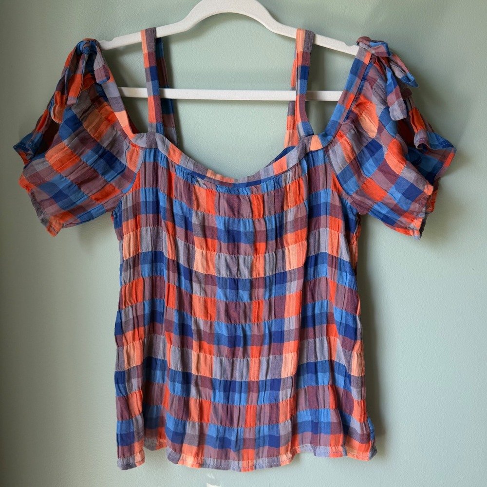 NEW Sanctuary Gingham‎ Dawn Bow Sleeve Top Blue Orange Purple Plaid Cotton XSP